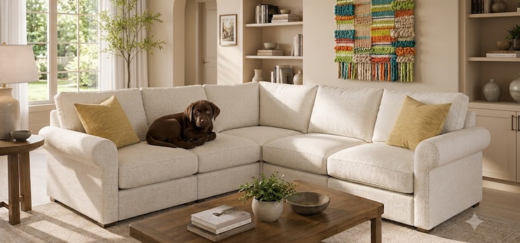 Shop Crypton Home Fabric by the Yard Bright living room featuring a cream sectional with a dog resting on the sofa, illustrating Crypton Home performance upholstery fabric designed for comfortable, family-friendly living.