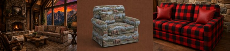 Southwestern and lodge themed fabrics shown in a rustic mountain room, on a wildlife tapestry chair, and on a red and black buffalo check sofa.