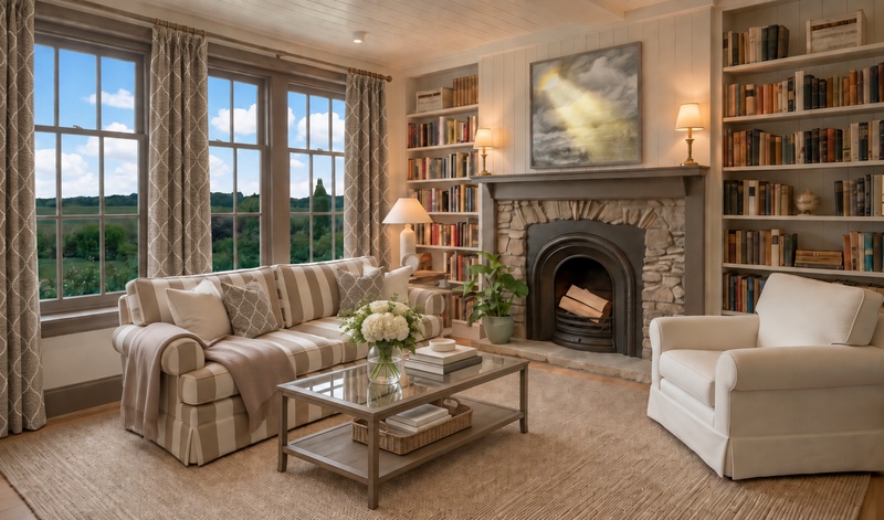 Warm living room featuring a striped upholstered sofa with coordinating patterned drapery and accent pillows, showcasing striped upholstery fabric in a comfortable home setting.