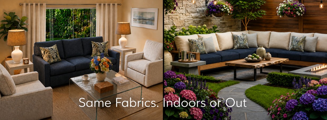 Indoor living room and outdoor patio scenes showing the same Sunbelievable Indoor Outdoor fabrics used in both settings, illustrating coordinated indoor and outdoor decorating possibilities.