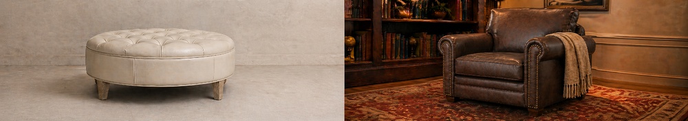 Faux leather upholstery fabric shown on a cream tufted bench and a brown aged-leather-look chair in an upscale home setting.