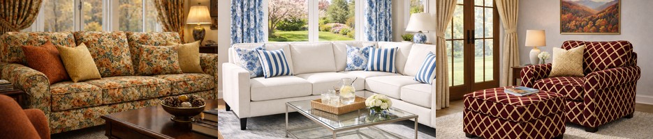 Three residential living room scenes showcasing decorative furniture upholstery fabric including patterned sofa, bright sectional with accent pillows and drapery, and diamond upholstered club chair with ottoman