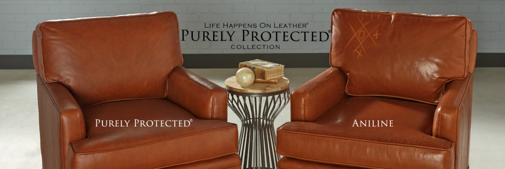 Genuine leather upholstery hides shown on brown leather chairs, featuring protected leather and aniline leather options for furniture, seating, and leather goods.