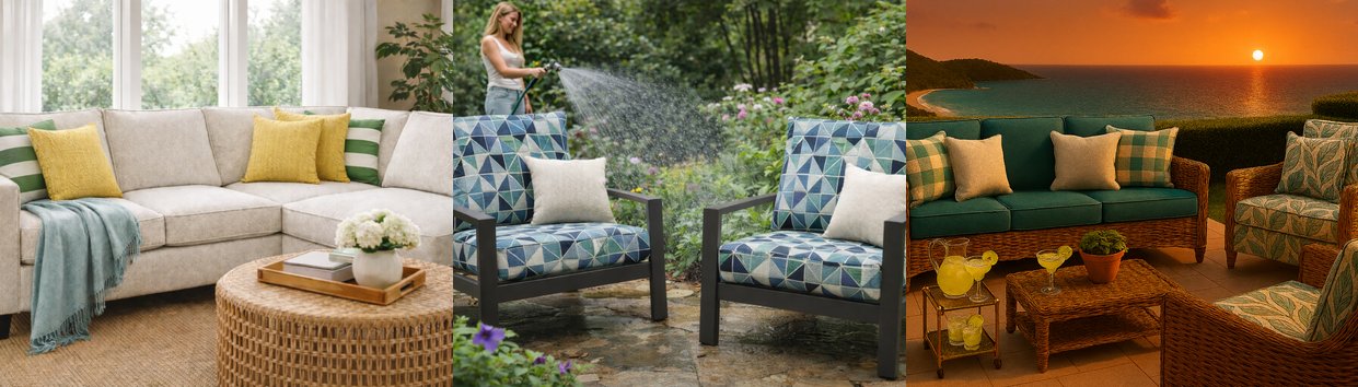 Three indoor and outdoor living spaces featuring high performance upholstery fabric including residential living room, garden seating with water spray, and tropical patio overlooking ocean