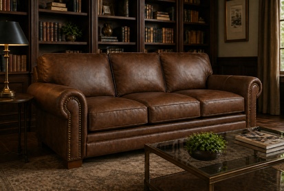Angled view of a three-cushion genuine leather sofa with rounded nailhead arms in a library-style room with bookcases, a glass cocktail table, magazines, and a small green plant.