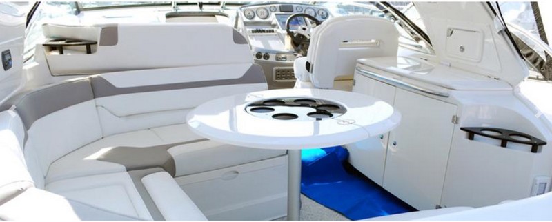 White marine boat seating upholstered in marine grade vinyl fabric for interior and exterior boat upholstery applications.