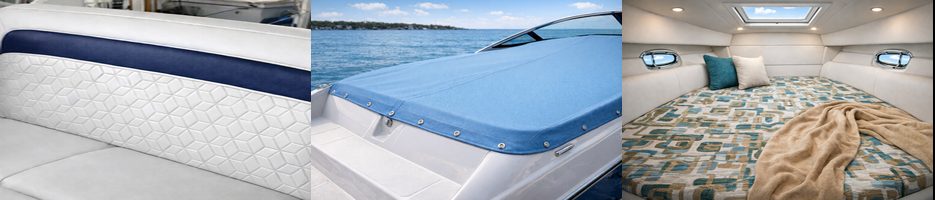 Three marine textile applications including boat helm seating in marine vinyl, ski boat cover in boat topping fabric, and interior cabin upholstery fabric for cruisers and yachts