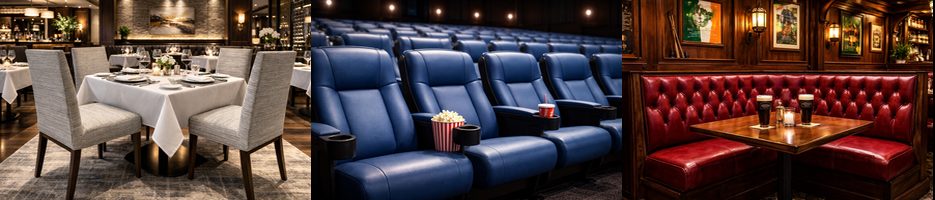 Three commercial seating applications featuring Naugahyde vinyl upholstery including restaurant dining chairs, theater seating, and faux leather pub booth
