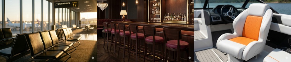 Omnova Boltaflex and Nautolex upholstery fabric applications shown in airport seating, bar stool seating, and marine boat seating.