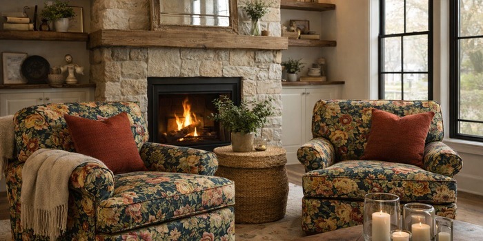 PK Lifestyles floral accent chairs in a warm living room setting with a fireplace, red chenille pillow, and a soft neutral throw.