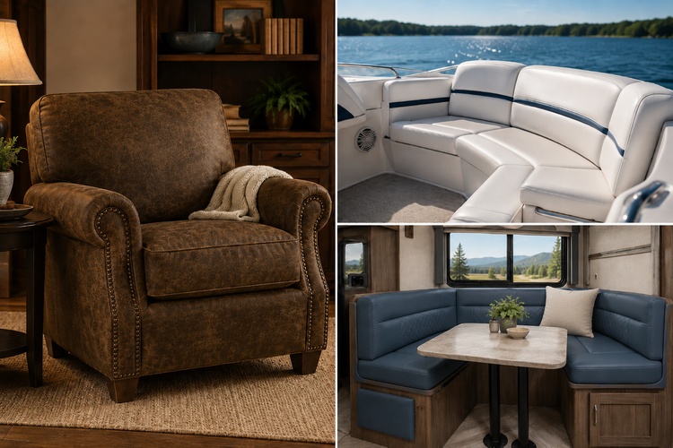Residential faux leather and vinyl upholstery fabric category image showing a brown leather-look chair, a white with blue-accent marine vinyl boat seating, and an RV dinette upholstered in blue vinyl with an off-white throw pillow.
