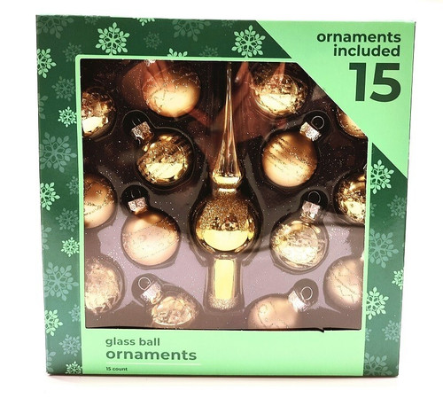 Home 15 GOLD GLASS BALL ORNAMENTS Shinny & Frosted White Glitter Designs 1.25"