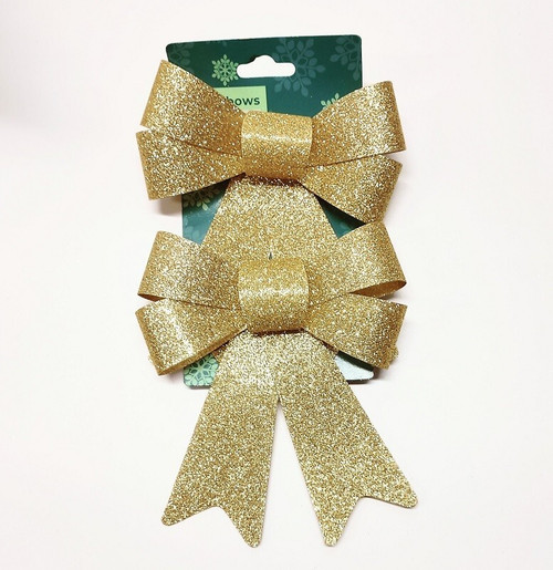 Home - 2 Piece Sparkly GLITTER BOWS Christmas Gold 7" Long Holiday Decor