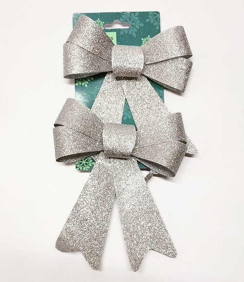 Home - 2 Piece Sparkly GLITTER BOWS Christmas Silver 7" Long Holiday Decor