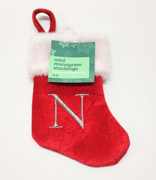 Home LETTER "N" 8" Mini Red Stocking With Silver Monogram