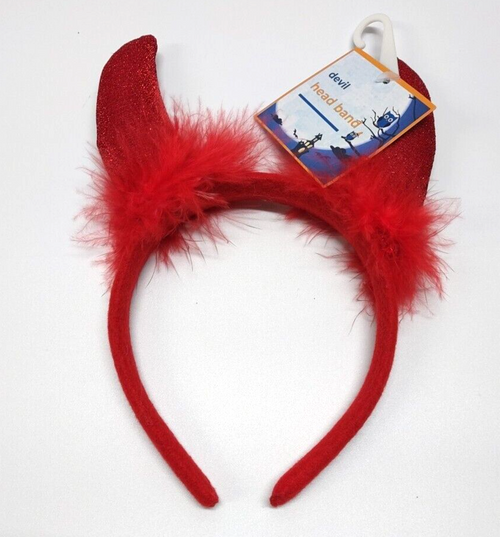 Kids Halloween Red DEVIL HEADBAND Horns w/ Feathers Costume Accessories