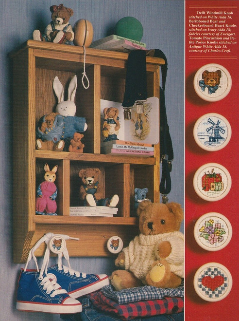 KNOB APPEAL Cross-Stitch (Single Pattern From Magazine) Teddy Bear, Flowers +
