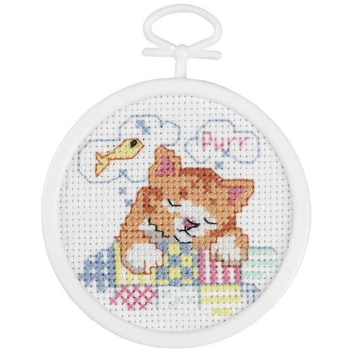 Janlynn DREAMING KITTY CAT Mini Counted Cross Stitch Kit 2.5" Round