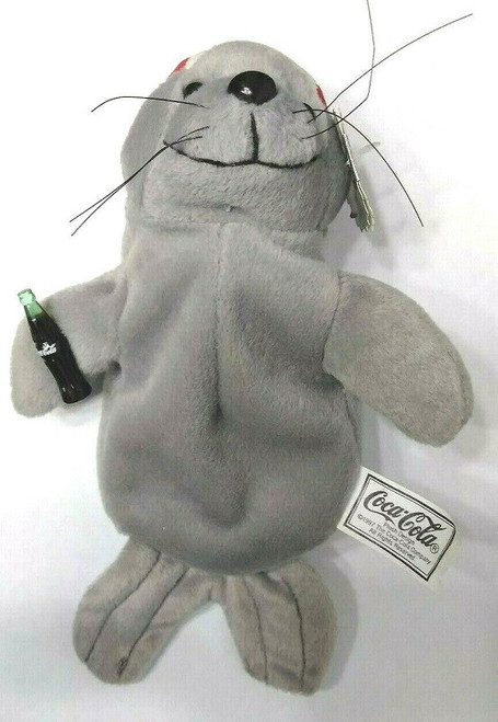 Vintage COCA-COLA Collectible Bean Bag 8" Plush Seal In Baseball Cap 1997