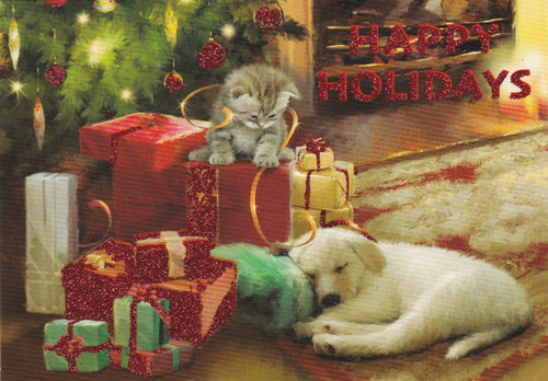 Card with Envelope - HAPPY HOLIDAYS Christmas Glitter Puppy  Kitten 6.5" X 4.5"