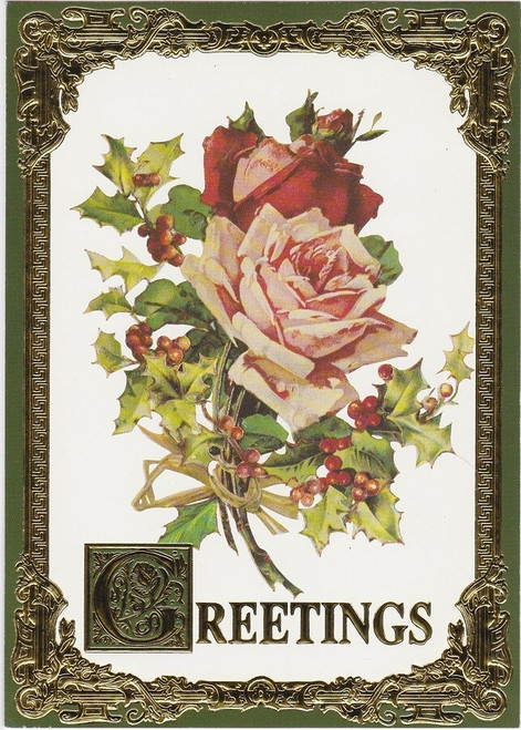 Christmas Card with Envelope - Rose GREETINGS Gold Foil Front 5.25" X 7.25"