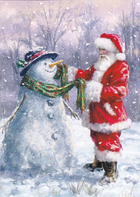 Card with Envelope - SANTA & SNOWMAN Glitter / Sparkle Design 7" X 5"