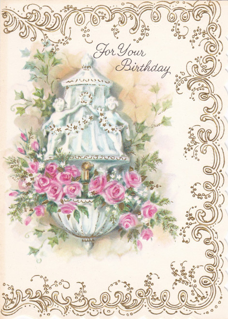 Vintage Card with Envelope FOR YOUR BIRTHDAY Foil Embossed Scalloped Edges