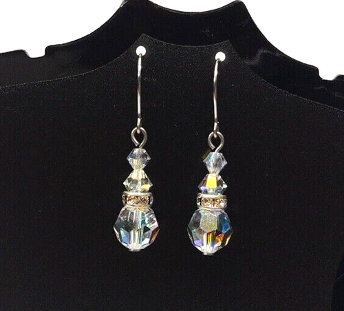 Fish Hook Dangle Rhinestone & Sparkly Crystal Beaded Earrings 1.25" long Costume