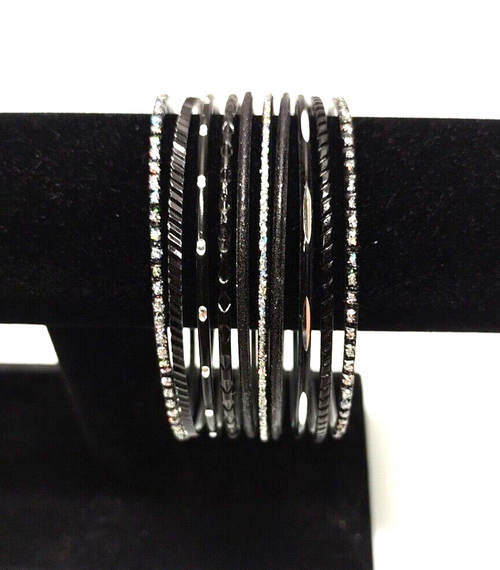 Set of 10 BLACK BANGLE BRACELETS Costume Jewelry 9" Around Solid & Sparkly