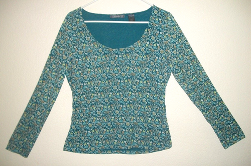 LIZ CLAIBORNE Womans Long Sleeve Shirt Large Lg Blue-Green with Flowers