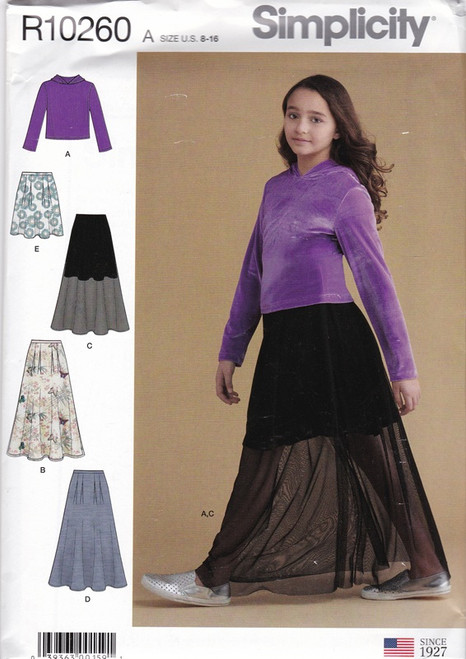 Uncut SIMPLICITY Pattern R10260/S8966 Girls 8-16 Skirt & Knit Top