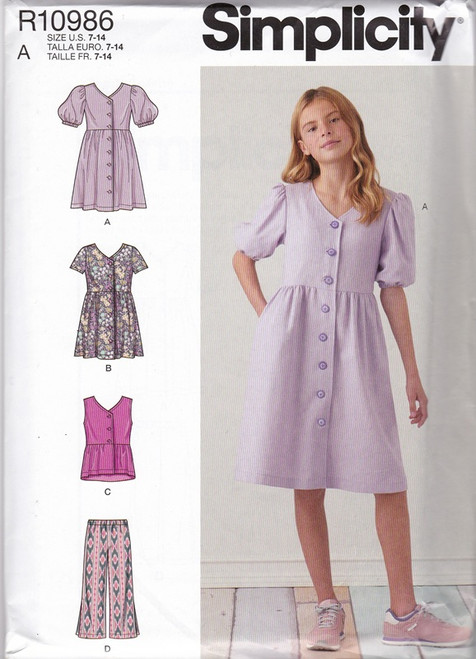 Uncut SIMPLICITY R10986 / S9281 Sewing Pattern Girls 7-14 Dress, Top, Pants