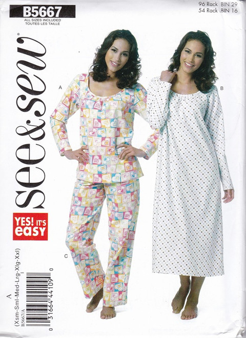 Uncut SEE & SEW Easy Pattern B5667 Womens Xs-XXl Misses Pajama Top, Gown and Pants,