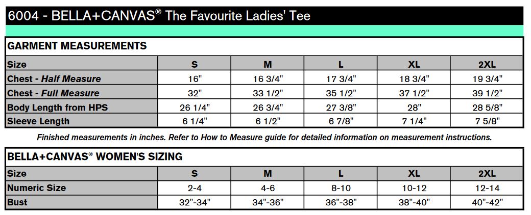 Bella 6004 Size Chart