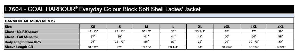 Coal Harbour soft shell Ladies jacket garment measurements