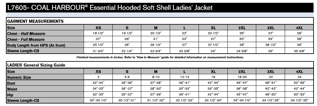 Coal Harbour essential Hooded softshell Ladies Jacket measurement