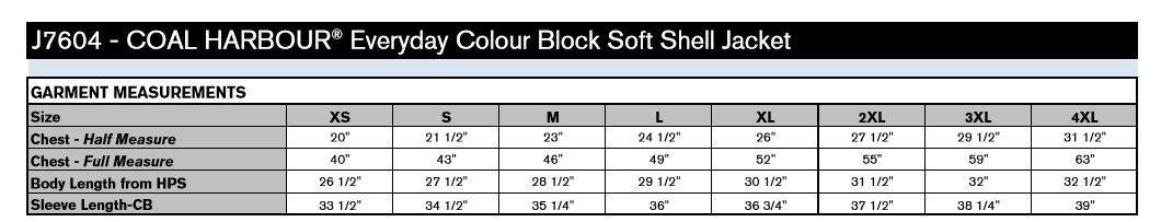 Coal Harbour colour block soft shell Men's jacket garment measurements