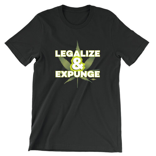 Black tee front with design depicting marijuana leaf and text "Legalize and expunge"