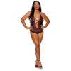 Plunging Strappy Teddy Plus Size, a black & red lace brocade one-piece teddy from Barely Bare by Evolved Novelties