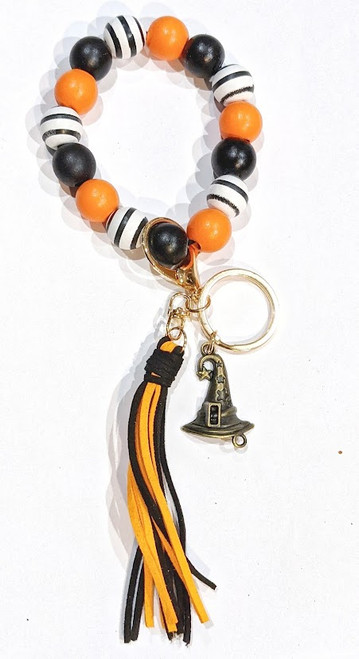 Witch Charm Beaded Wristlet Keychain with Black & Orange Tassel