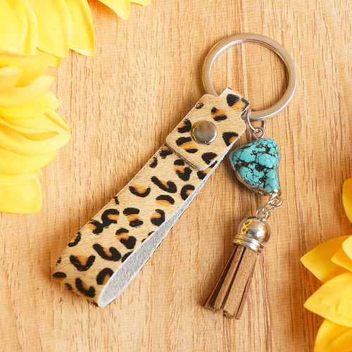 Western Style Turquoise & Leopard Print Bar Keychain