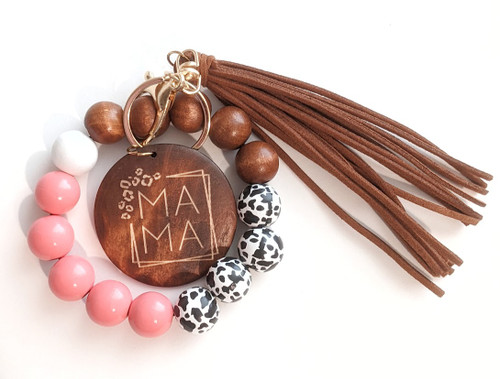 Mama Coral Pink & Leopard Wood Beaded Wristlet Keychain