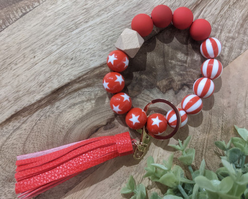 America Beaded Wristlet Keychain - Red Stripes & Stars