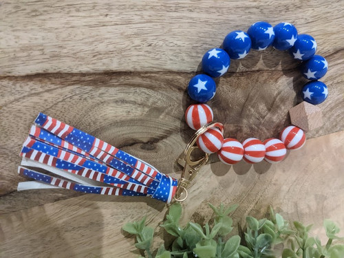 America Beaded Wristlet Keychain - Blue Star, Red Stripe