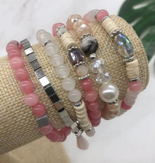6 Layer Stacked Crystal Stone Beaded Bracelet - Pink