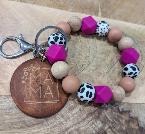 Mama Pink Silicone & Wood  Beaded Wristlet Keychain
