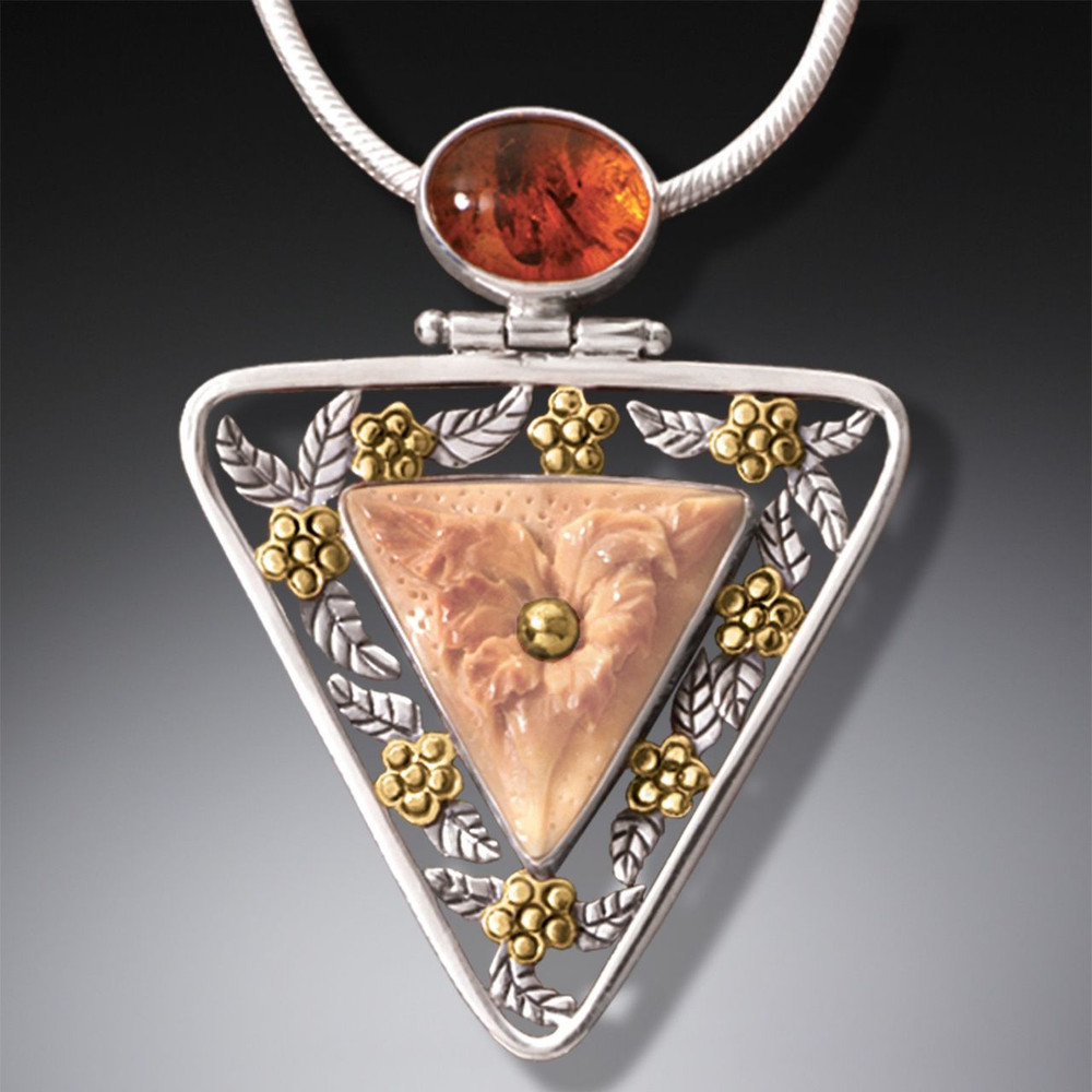 Gold Sterling Silver Amber and Ivory Triangle Pendant/Necklace