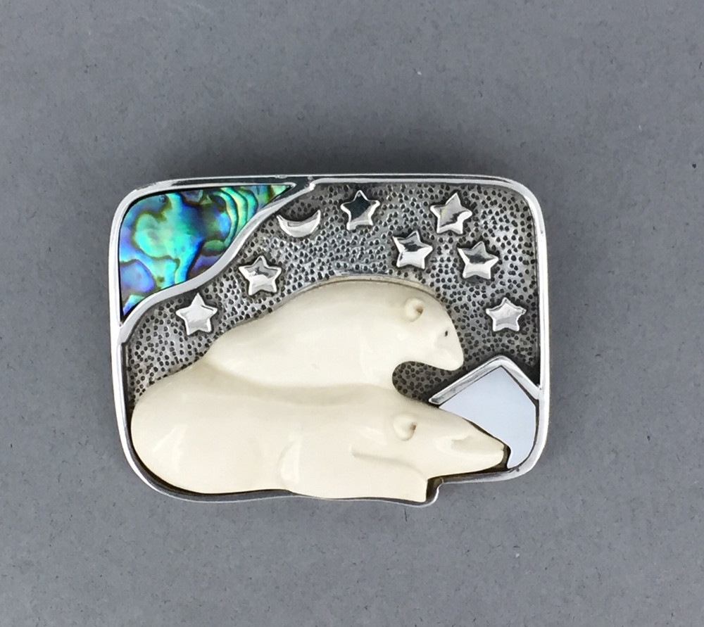 Sterling Silver Pearl Ivory Shell Northern Lights Bear Pin/Pendant