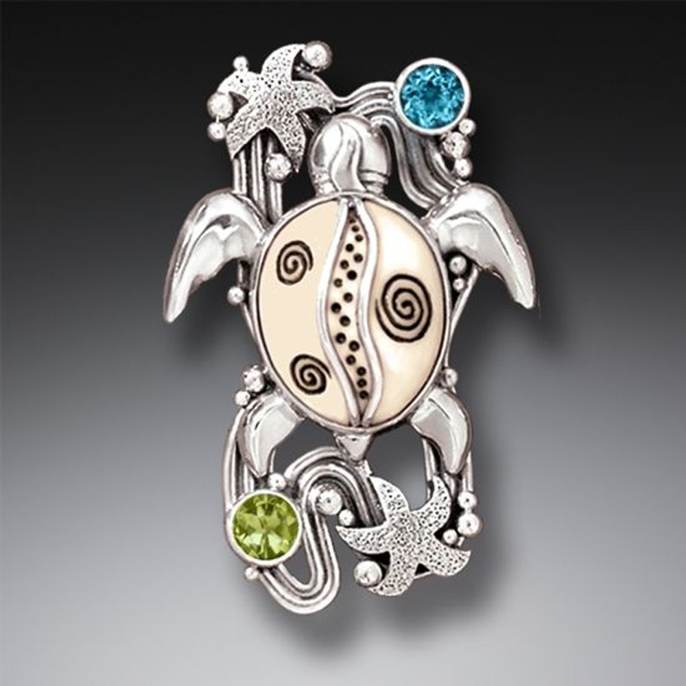 Sterling Silver Blue Topaz Peridot and Ivory Turtle Pin/Pendant