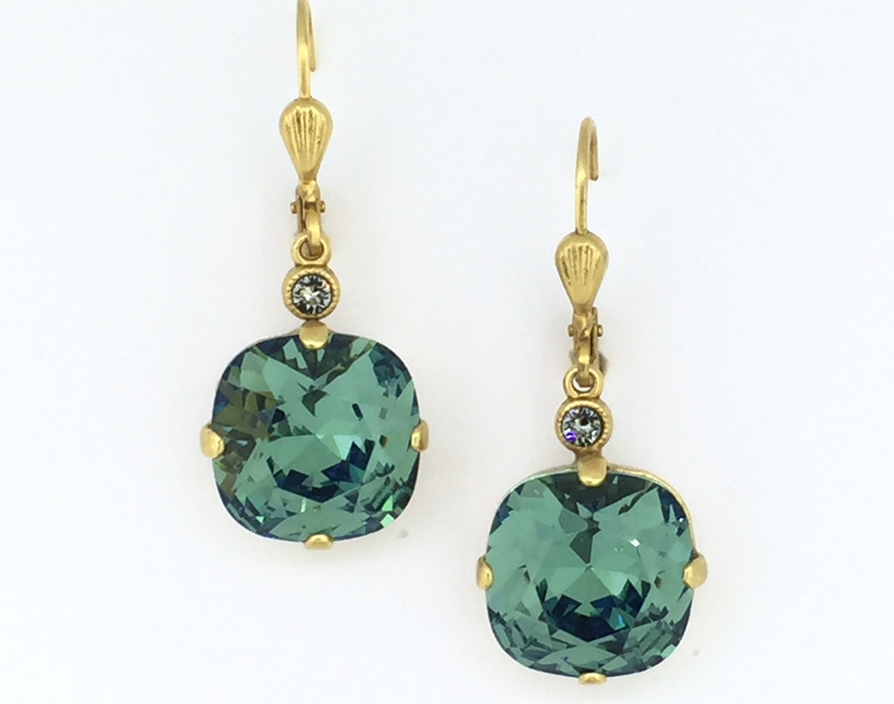 Gold Square Marine Swarovski Crystal Earrings